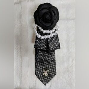 Elegant Black and White Brooch tie with Pearl Accents